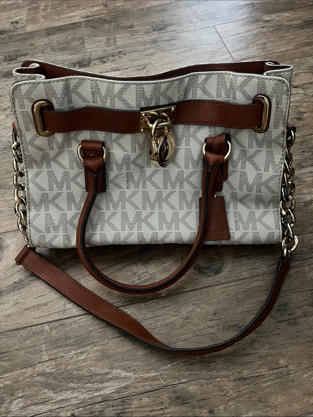 Michael Kors Beige/ Brown Signature MK Shoulder Satchel